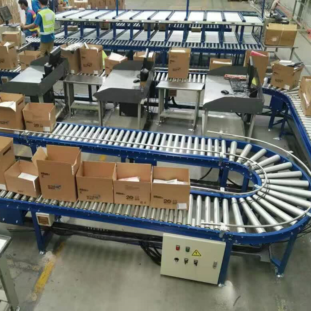 90 degree curve roller conveyor to work with bottle packaging machine